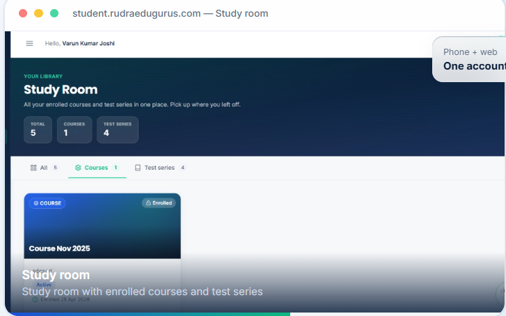 Study room with enrolled courses and test series