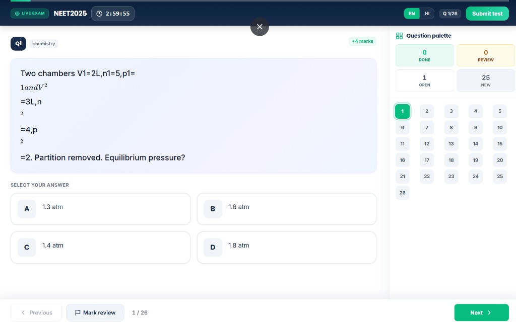 Live NEET exam interface with timer and question palette